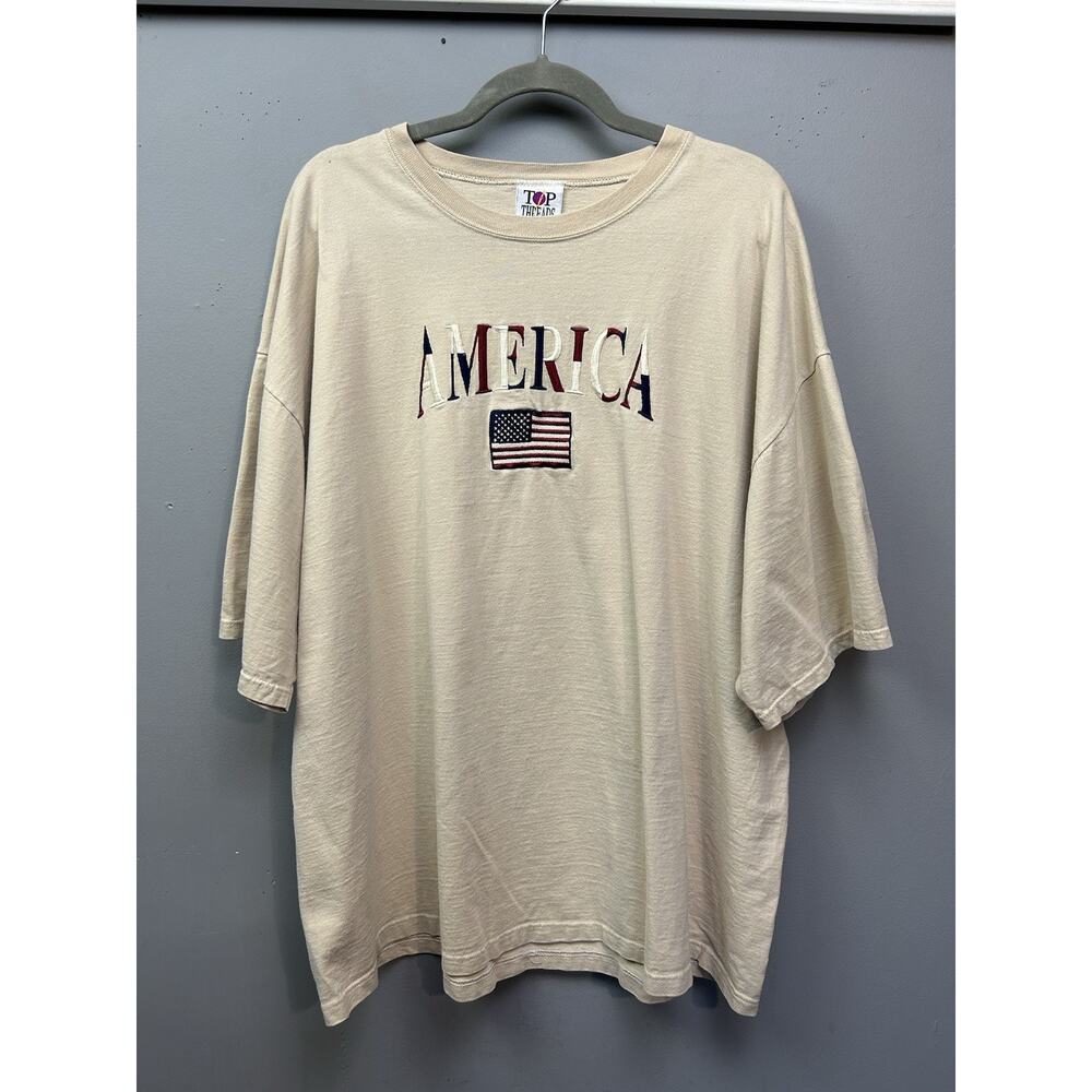 Vintage Top Threads Embroidered USA American Flag Mens XXL‎ 2XL Tan Patriotic